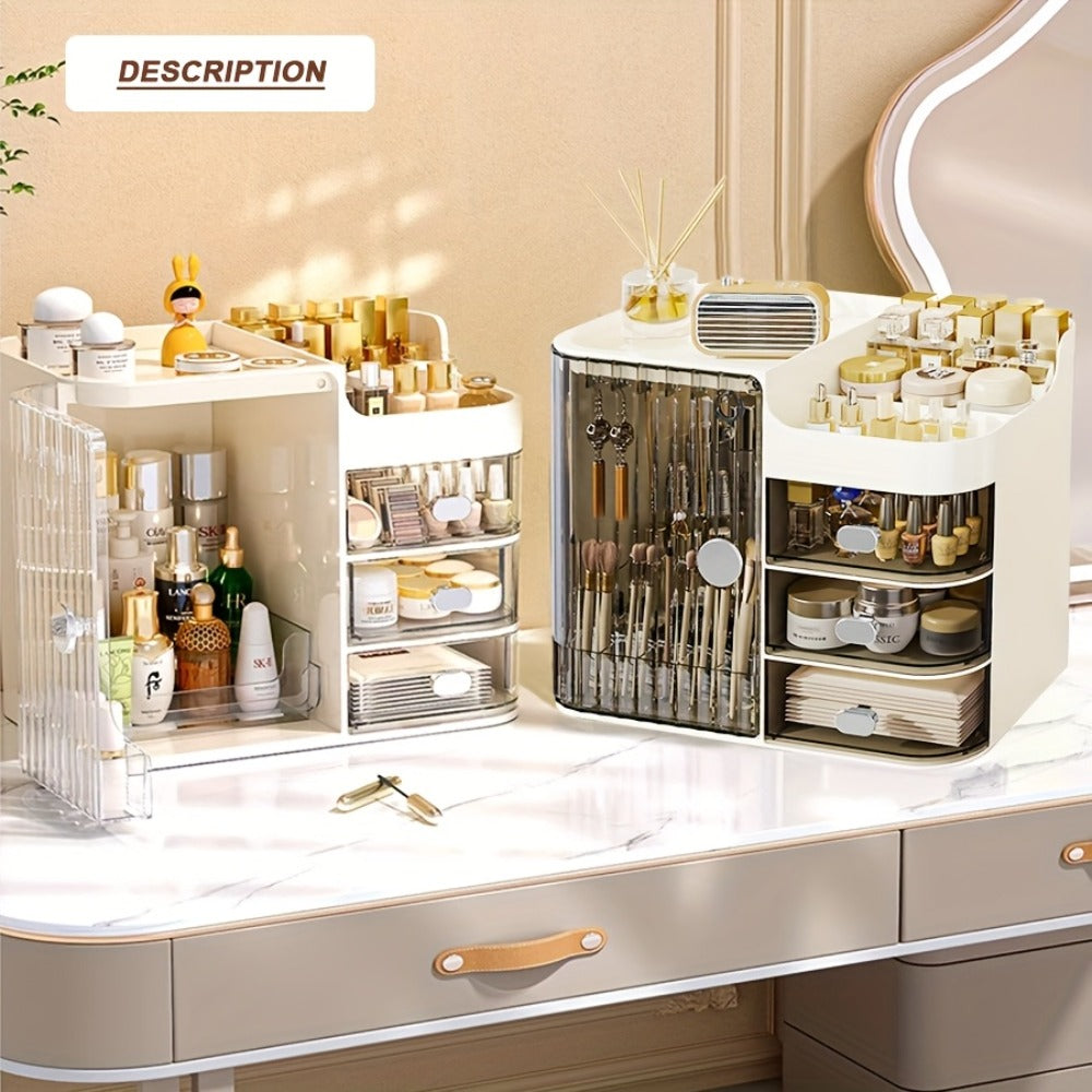Three-Drawer Makeup Organizer with Mirror in Transparent Black or Cream White Large Checkout Options