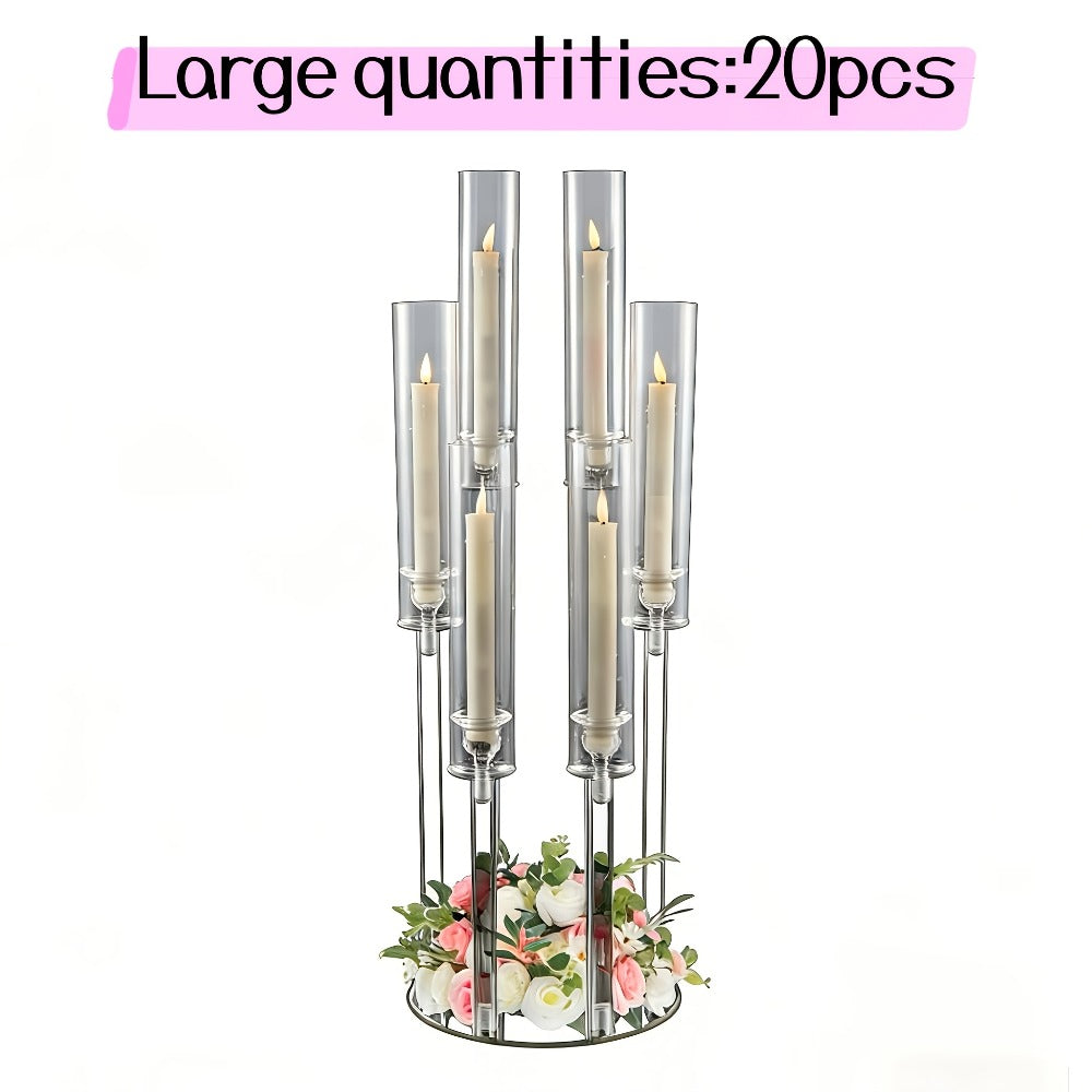 Clear Acrylic Six-Arm Candelabra with 68cm Height, 22cm Round Base and 2-, 4-, 10-, 12- or 20-Piece Options