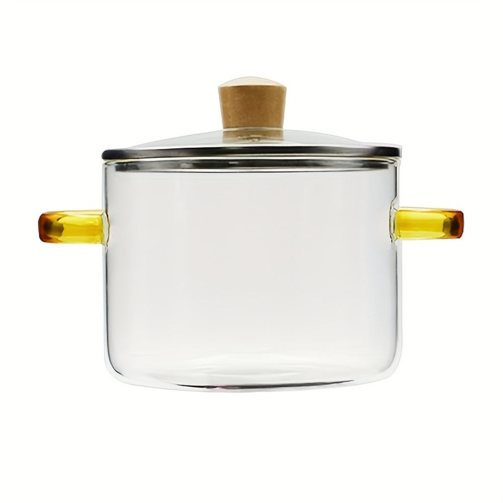 Glass Cooking Pot 54oz 1600ml Borosilicate Heat-Resistant with Lid – Transparent Dumpling & Ramen Pot for Stove & Oven | Odorless Easy-Clean Soup Milk Pot with Green or Yellow Stainless Steel Handle