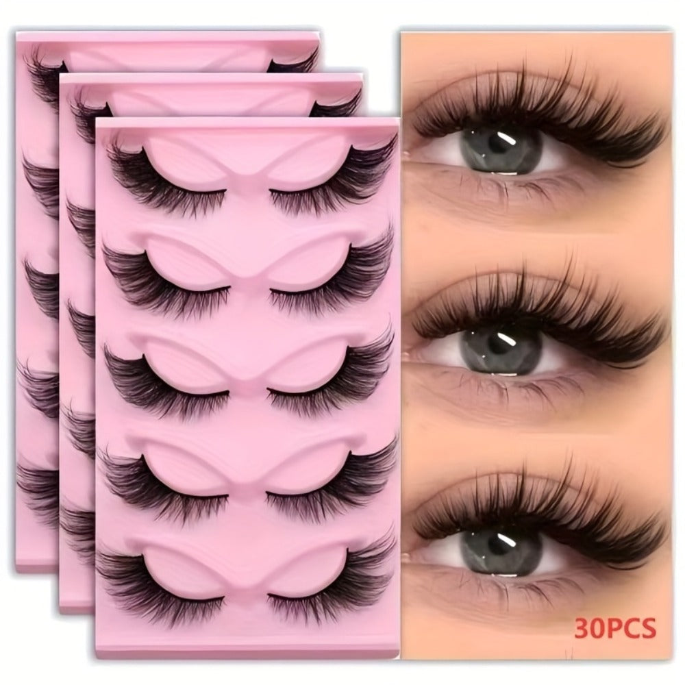 Wispy Cat Eye False Eyelashes 30 Pairs Long Voluminous Reusable Strip Lashes with Flexible Clear Band – Dramatic Eye Makeup for Parties, Date Night & Everyday Wear