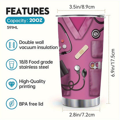 20oz Nurse Medical-Kit Graphic Tumbler with Clear Lid, Metal Straw and Rose Red, Green or Purple Colors