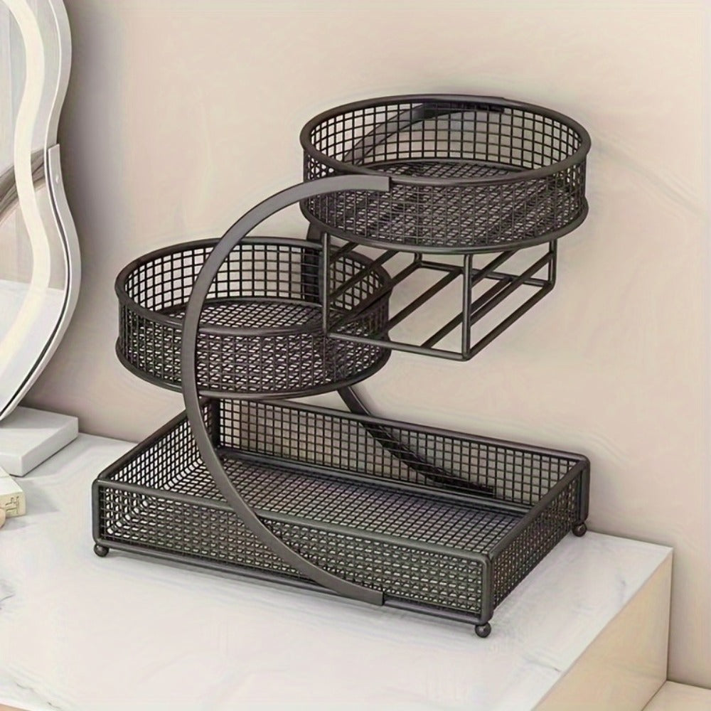 Three-Tier Metal Cosmetic Organizer with Tissue Box Holder in Black or White for Countertop Storage