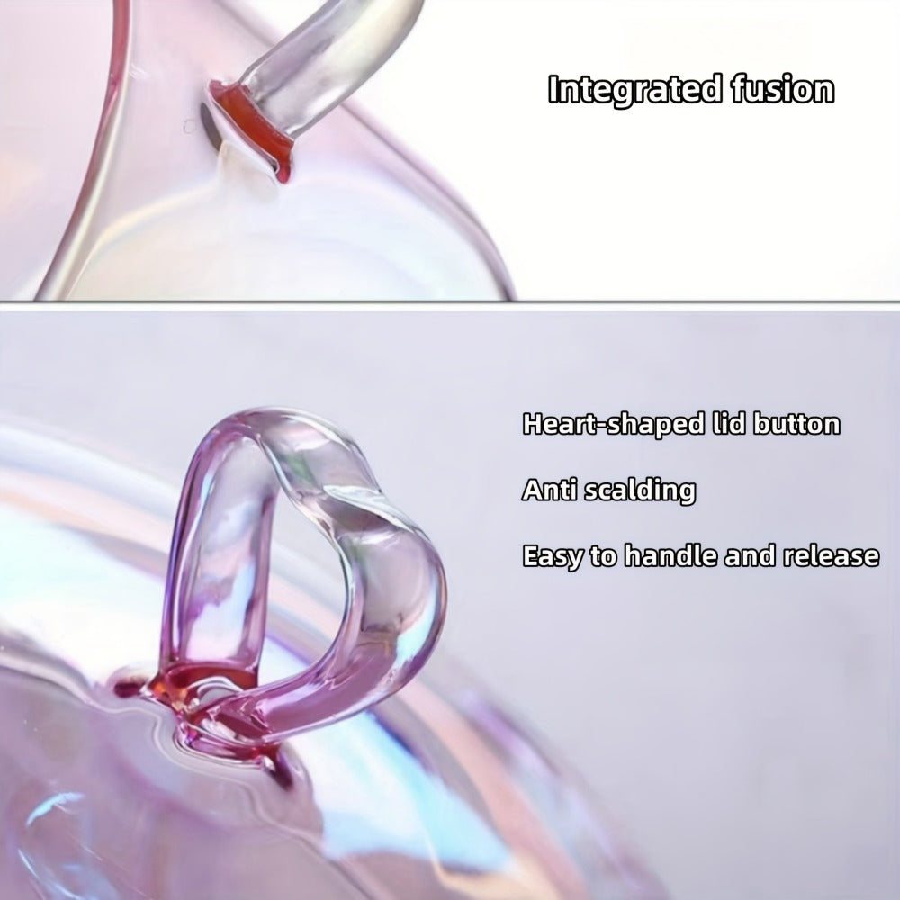Glass Cooking Pot Cookware with 1500ml Capacity, Heart-Shaped Lid and Transparent Pink Body