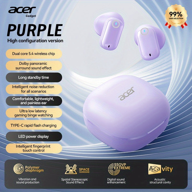 Acer OHR501 Dolby Surround Sound Wireless Earbuds Bluetooth 5.4 Semi-In-Ear TWS Intelligent Noise Cancellation Fingerprint Touch Control Ultra-Low Latency Type-C Fast Charging 8 Colors