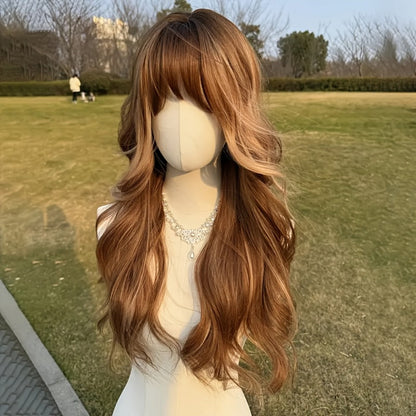Synthetic Wig 24-Inch Light Brown Body Waves with Golden Highlights, Bangs and Rose Net Cap