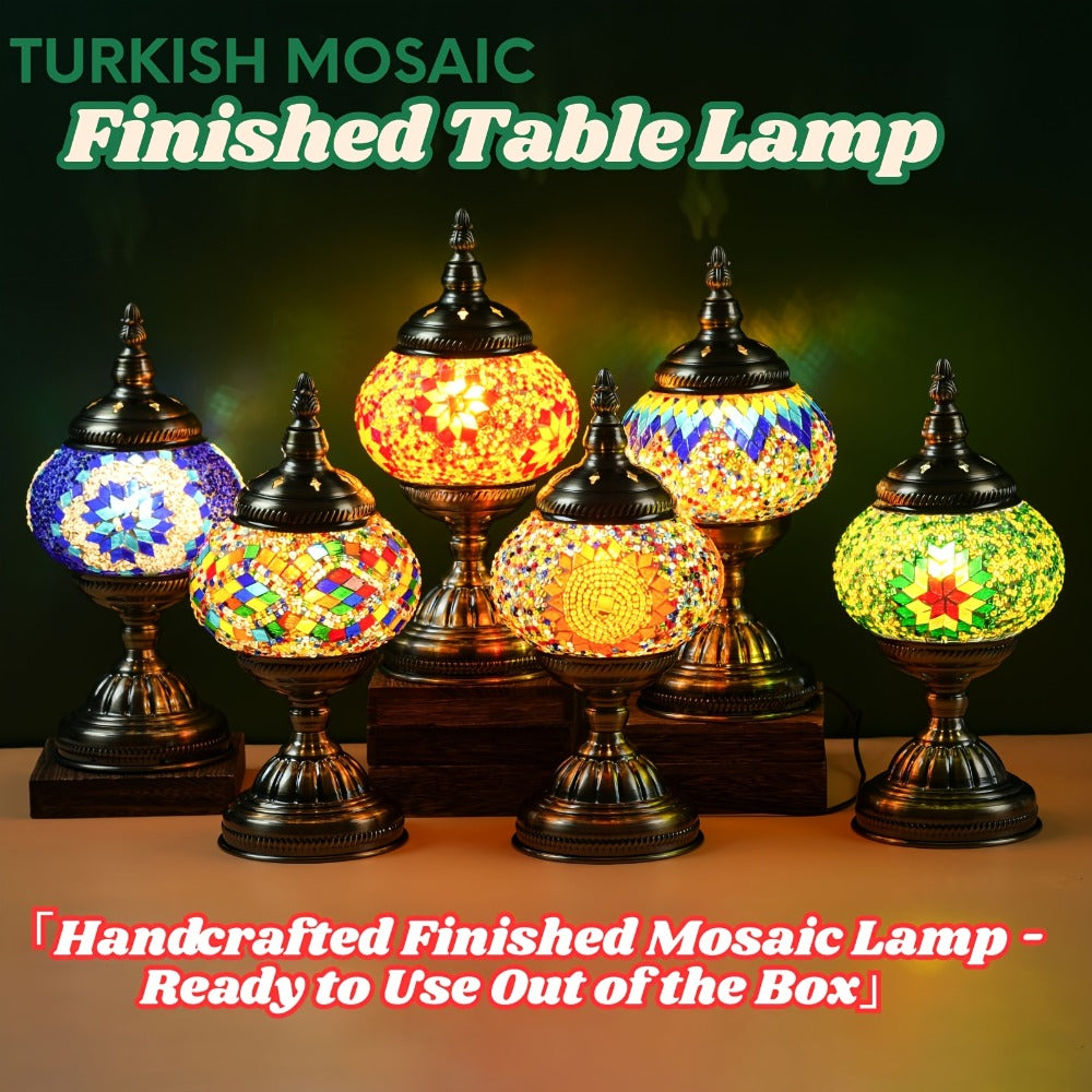Table Lamp with Mosaic Glass Globe, Metal Base, Seven Color or Pack Options and Three White-Light Modes