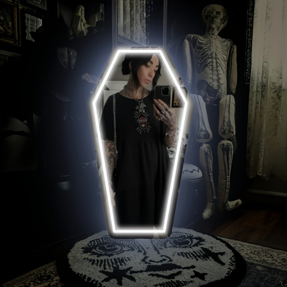 Gothic Coffin Shaped Neon Wall Mirror USB Powered LED Neon Light Mirror Irregular Decorative for Entryways, Bedrooms and Living Spaces