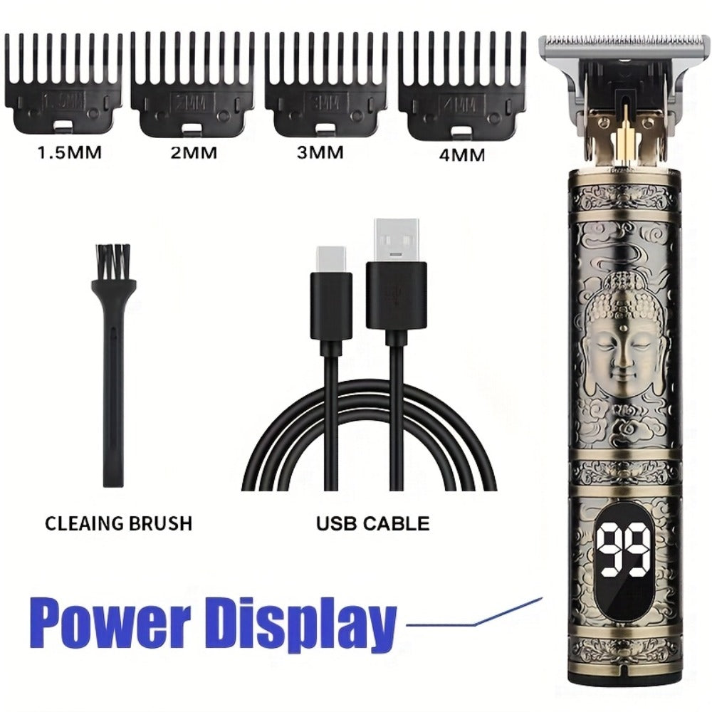 Hair Clipper Vintage T-Blade Cordless Trimmer with LCD Power Display and Dragon or Buddha Designs
