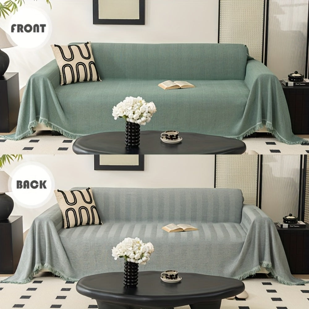 Sofa Cover 71-Inch Herringbone Jacquard Woven Throw with Tassel Fringe in Grey, Coffee, Green or Blue