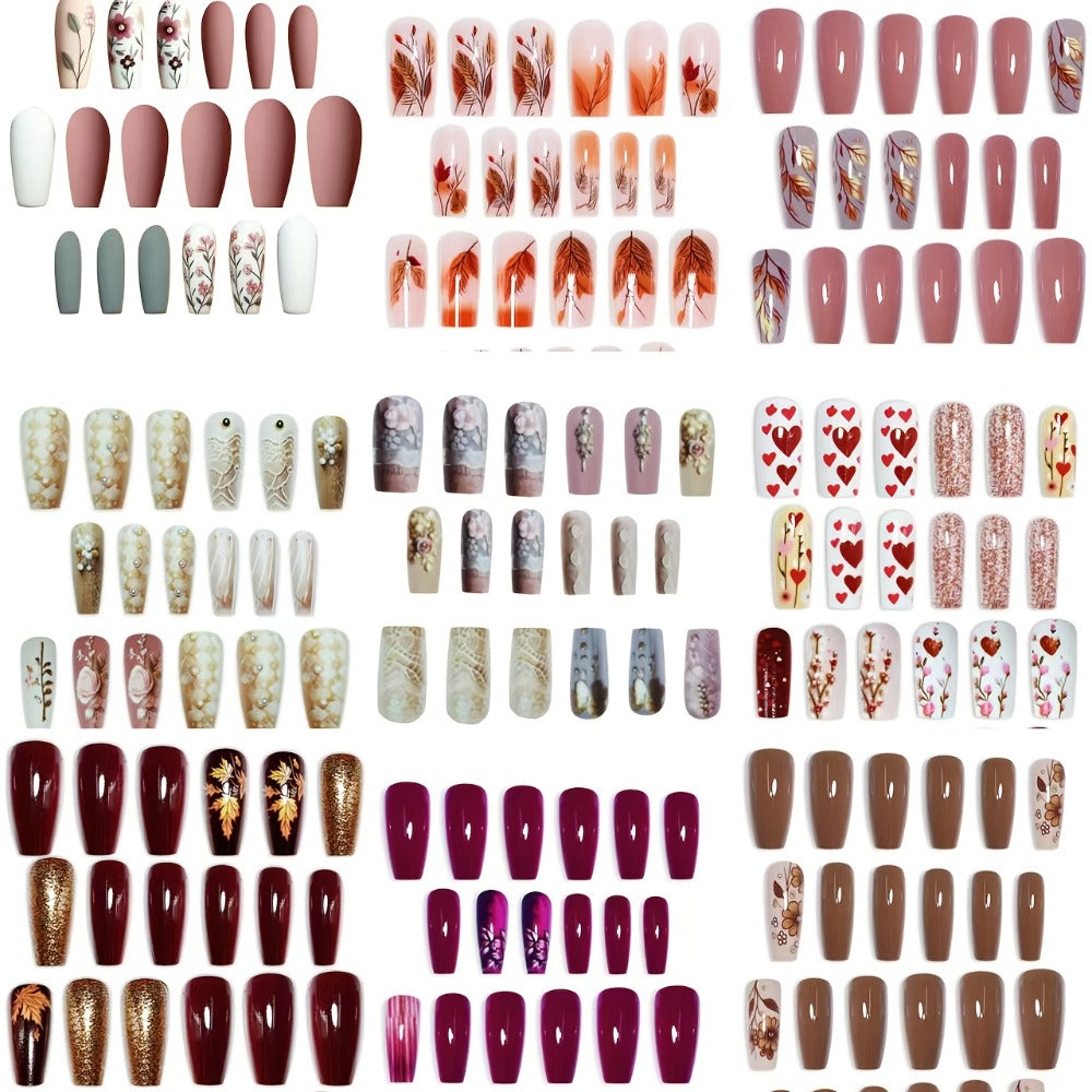 Press On Nails 216-Piece Middle Ballet Nine-Pack Mixed Flower Maple Glossy Set with Jelly Adhesive and File