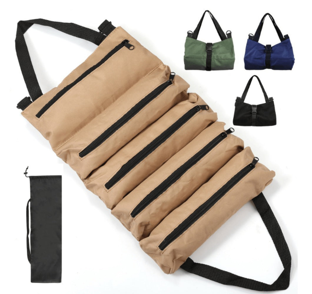Collapsible Tool Roll Organizer Bag in Green or Black with Multiple Pockets and Carry Handles