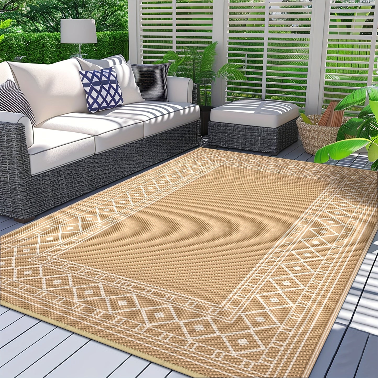Reversible Outdoor Rug in Multiple Geometric, Border and Leaf Patterns with Displayed Sizes from 5 x 8 to 9 x 12 Feet