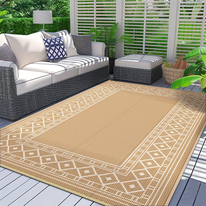 Reversible Outdoor Rug in Multiple Geometric, Border and Leaf Patterns with Displayed Sizes from 5 x 8 to 9 x 12 Feet