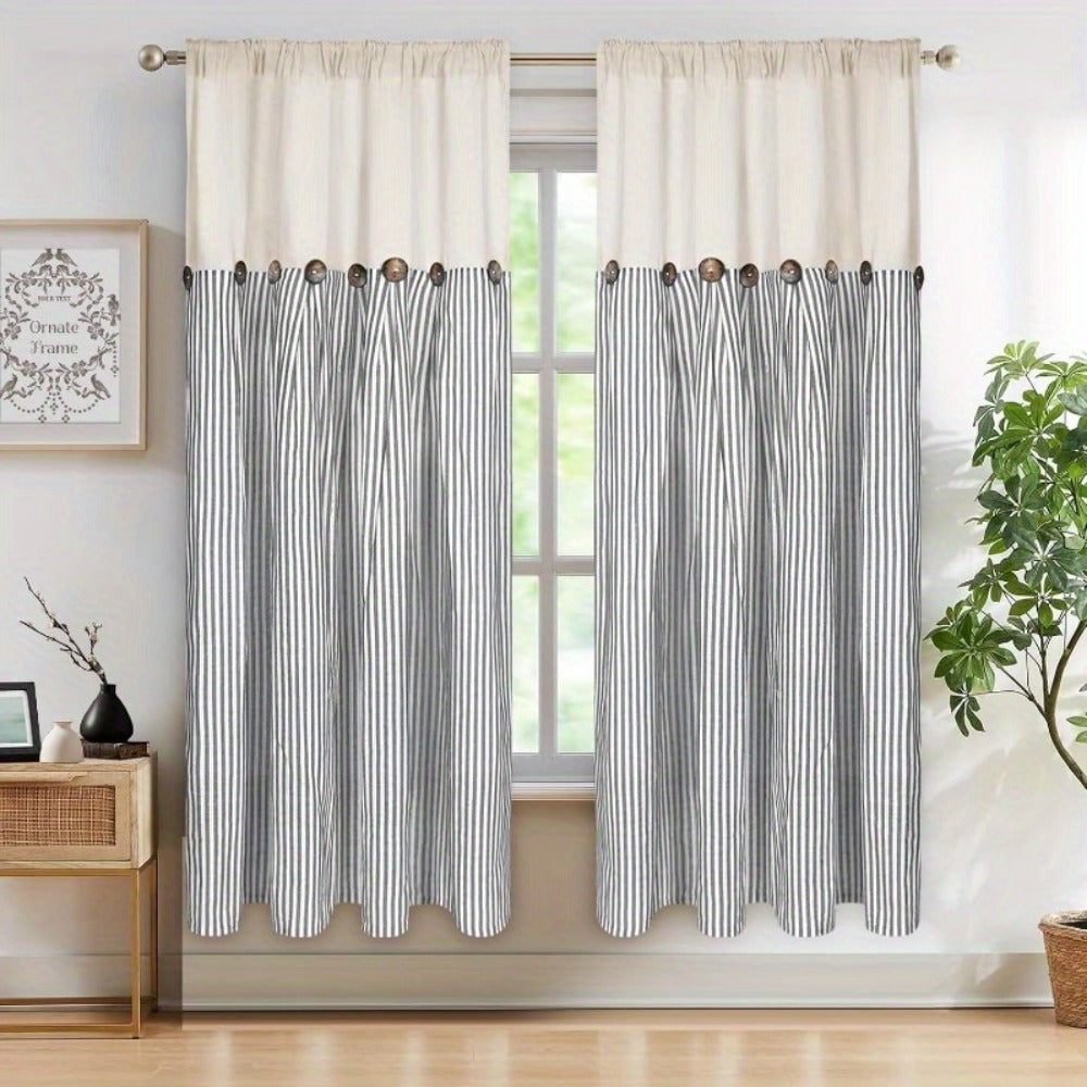 Striped Patchwork Window Curtain Set with Rod-Pocket Top, Six Colors and Five Panel-Count or Size Options