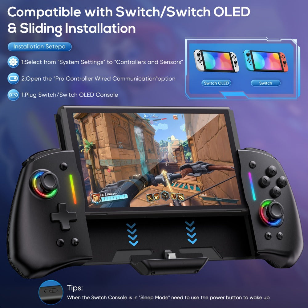 Telescopic RGB Gaming Controller Grip, Model NT197B with Dual Vibration and Switch or Switch OLED Fit