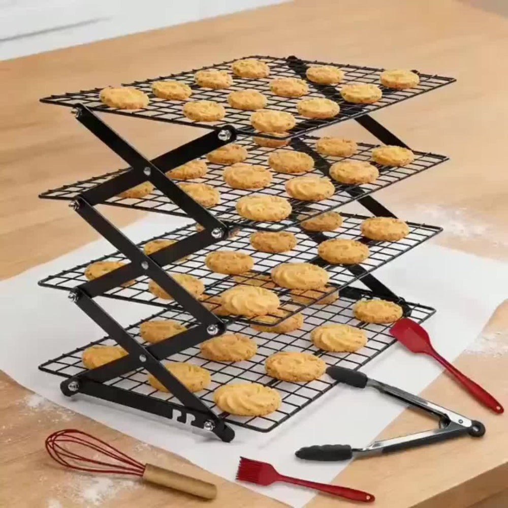 Foldable Cooling Rack Set – Stackable Oven Cookie Cake Drying Rack with Free Baking Tools (Silicone Spatula, Egg Beater, Tongs, Brush) | 3/4/5 Tier Options for Kitchen, Camping & Holiday Baking