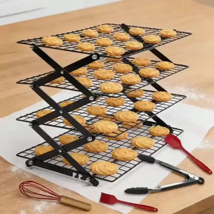Foldable Cooling Rack Set – Stackable Oven Cookie Cake Drying Rack with Free Baking Tools (Silicone Spatula, Egg Beater, Tongs, Brush) | 3/4/5 Tier Options for Kitchen, Camping & Holiday Baking