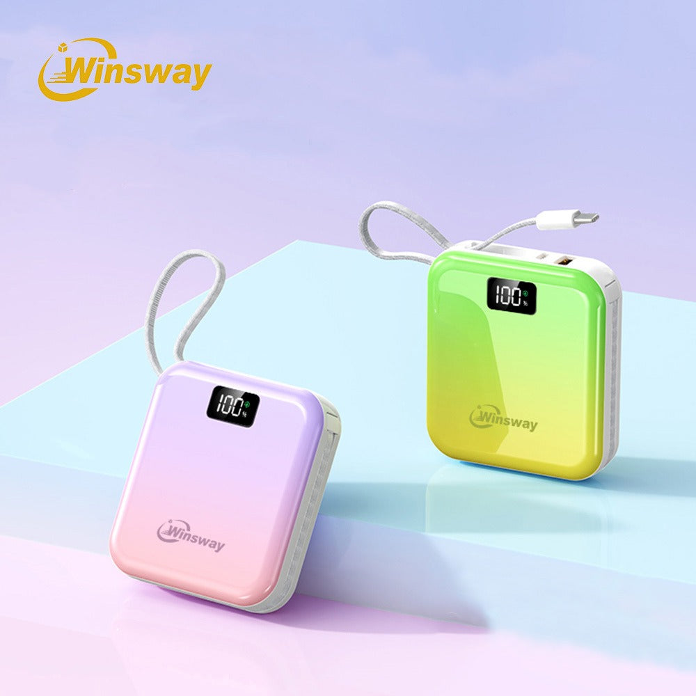 10000mAh Winsway Power Bank with 22.5W Label, Built-In USB-A and USB-C Cables and Gradient Colors