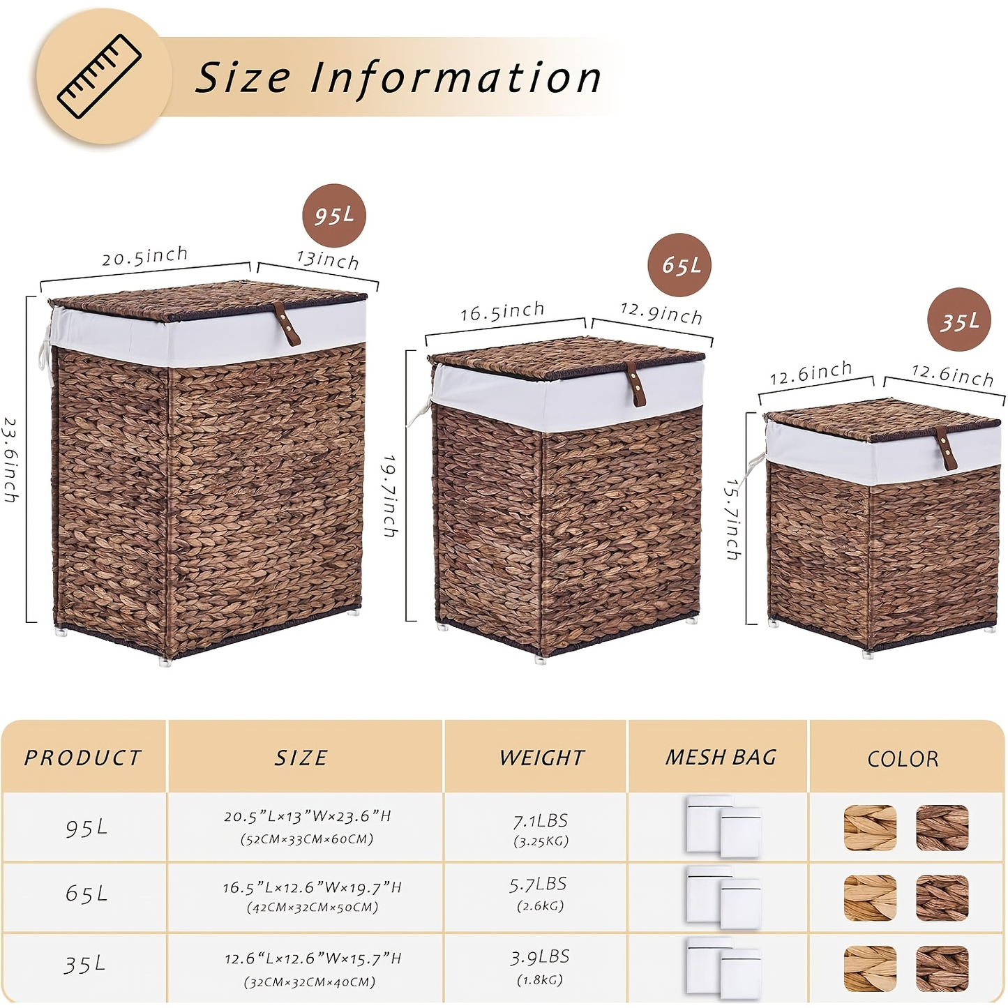 Laundry Basket with Lid & Handles - Handwoven Water Hyacinth Wicker Hamper, Removable Cotton Liner, 2 Mesh Bags, Boho Style, 9.25/17.17/25.1 Gal with Optional Casters
