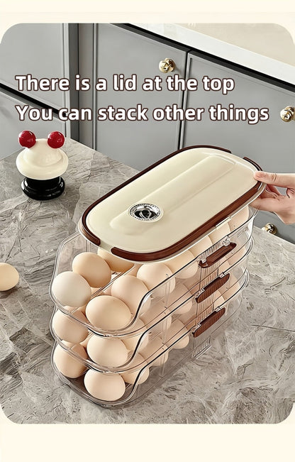 Egg Rack Kitchen Organizer Double-Row Auto-Rolling Dispenser with One, Two or Three Layer Options