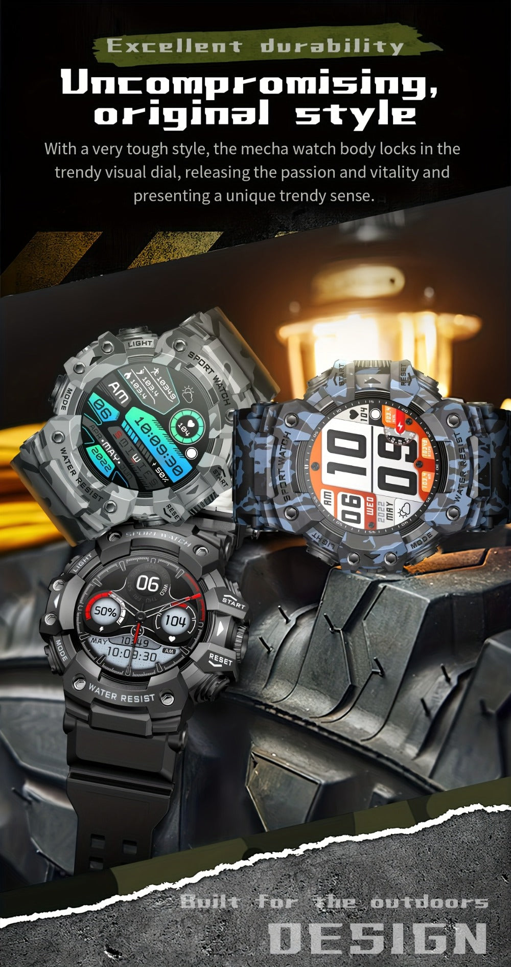 Smartwatch for Men 1.32 Inch Tactical Watch with LED Flashlight, SOS and 100+ Sport Modes in Eleven Colors