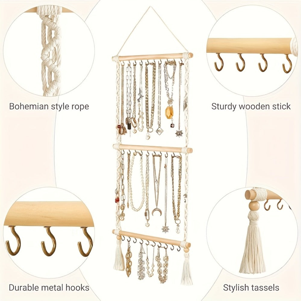 Jewelry Organizer Hand-Woven Wall Hanging Rack with Tassel Detail and 30 Hooks in 1- or 2-Piece Options