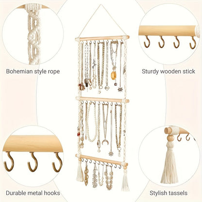 Jewelry Organizer Hand-Woven Wall Hanging Rack with Tassel Detail and 30 Hooks in 1- or 2-Piece Options