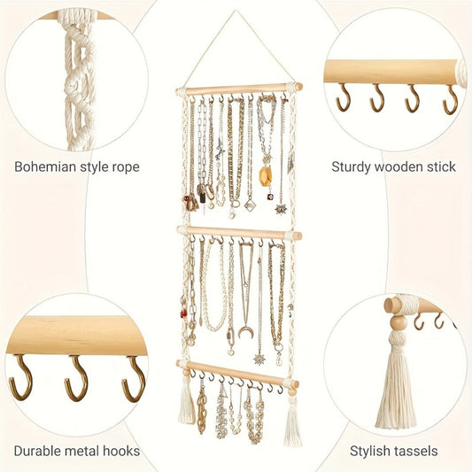 Jewelry Organizer Hand-Woven Wall Hanging Rack with Tassel Detail and 30 Hooks in 1- or 2-Piece Options