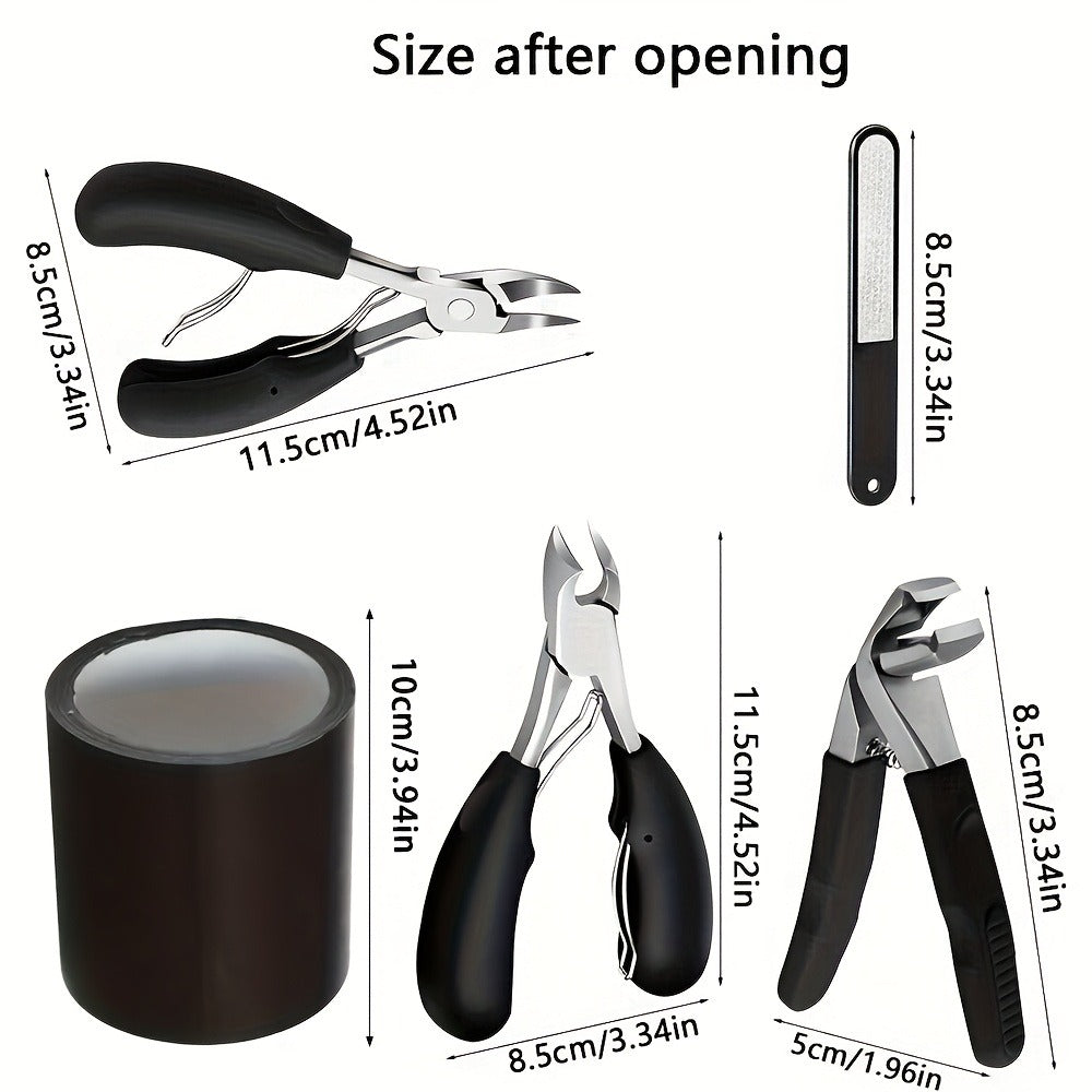 Angled Nail Clipper Set, Four Black-Handle Clipper Tools with Curved Jaws, File and Round Accessory
