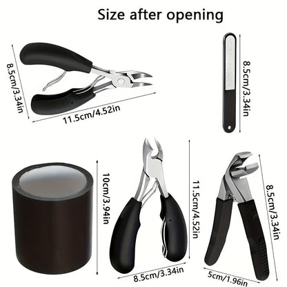 Angled Nail Clipper Set, Four Black-Handle Clipper Tools with Curved Jaws, File and Round Accessory
