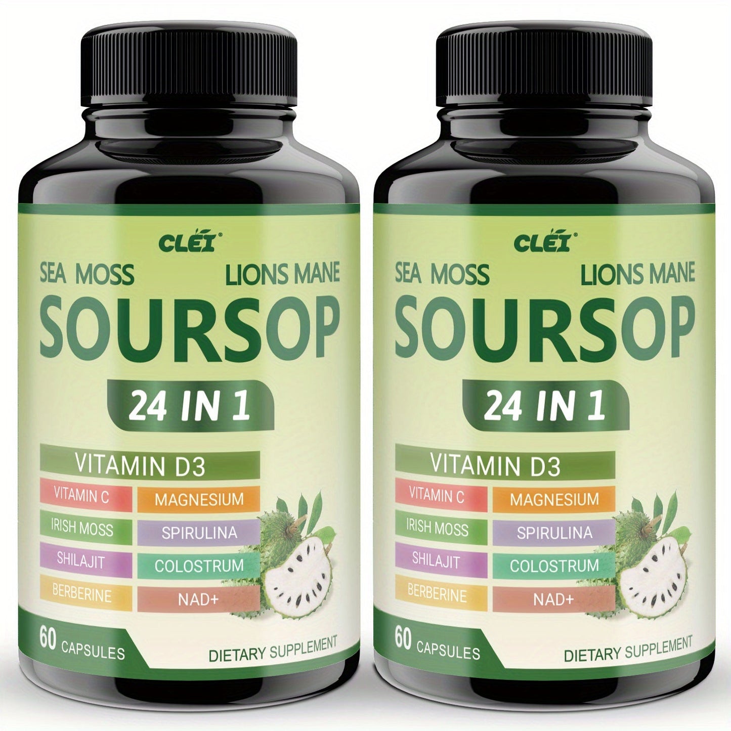 Herbal Supplement with CLEI Label, Soursop Graviola 24-in-1 Capsules, 60 Count, One or Two Bottles