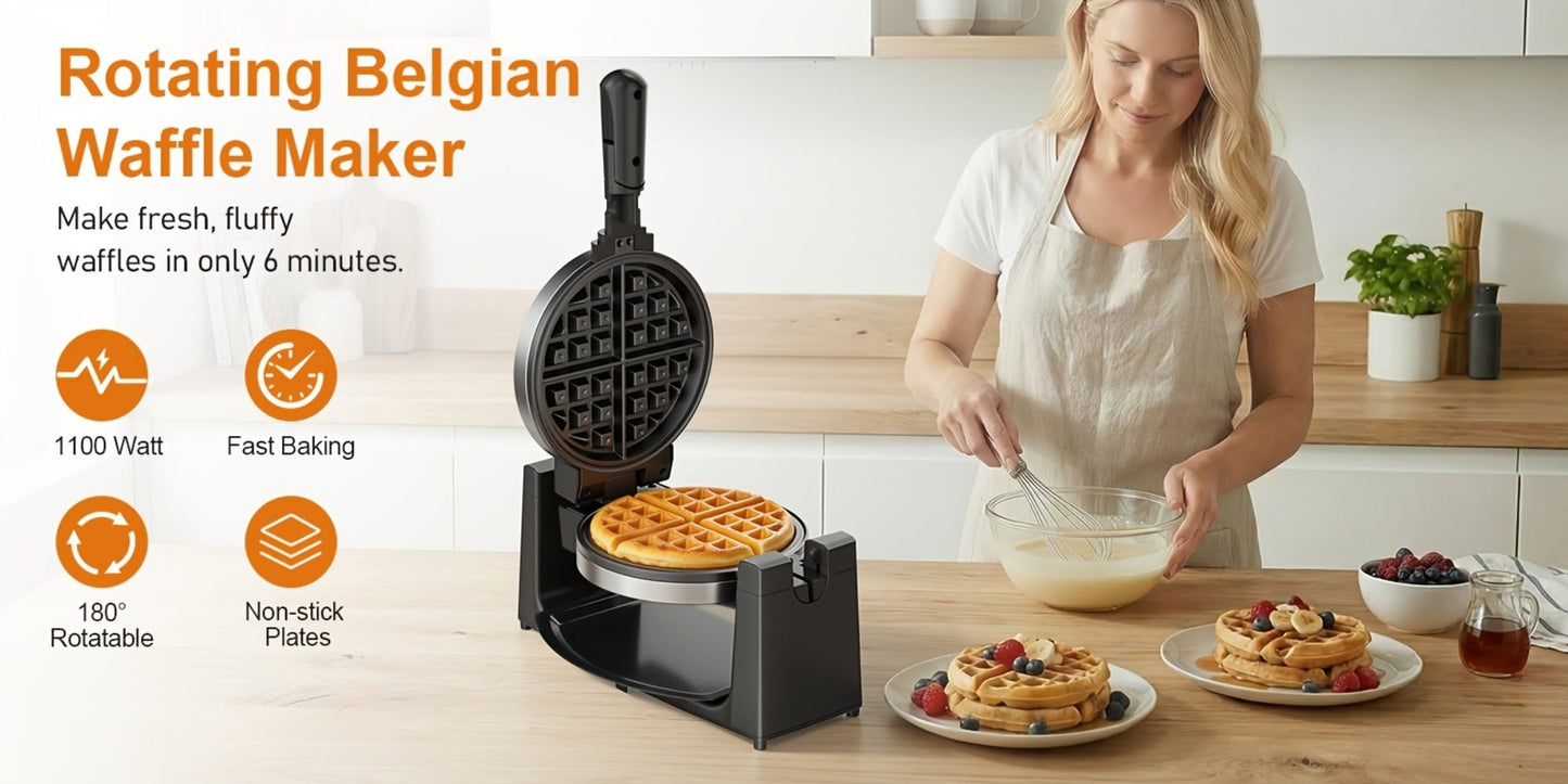 Belgian Waffle Maker 180° Rotating Flip Waffle Iron, Non-Stick Plates, Adjustable Browning Control, Removable Drip Tray, Cool Touch Handle, Stainless Steel, Space-Saving Foldable Design – Single & Double