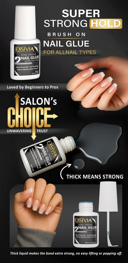 Nail Glue, EXSIVIA 10ml Brush-On Bottle with Fine Applicator for Press-On Nails, Acrylic Tips and Nail Art