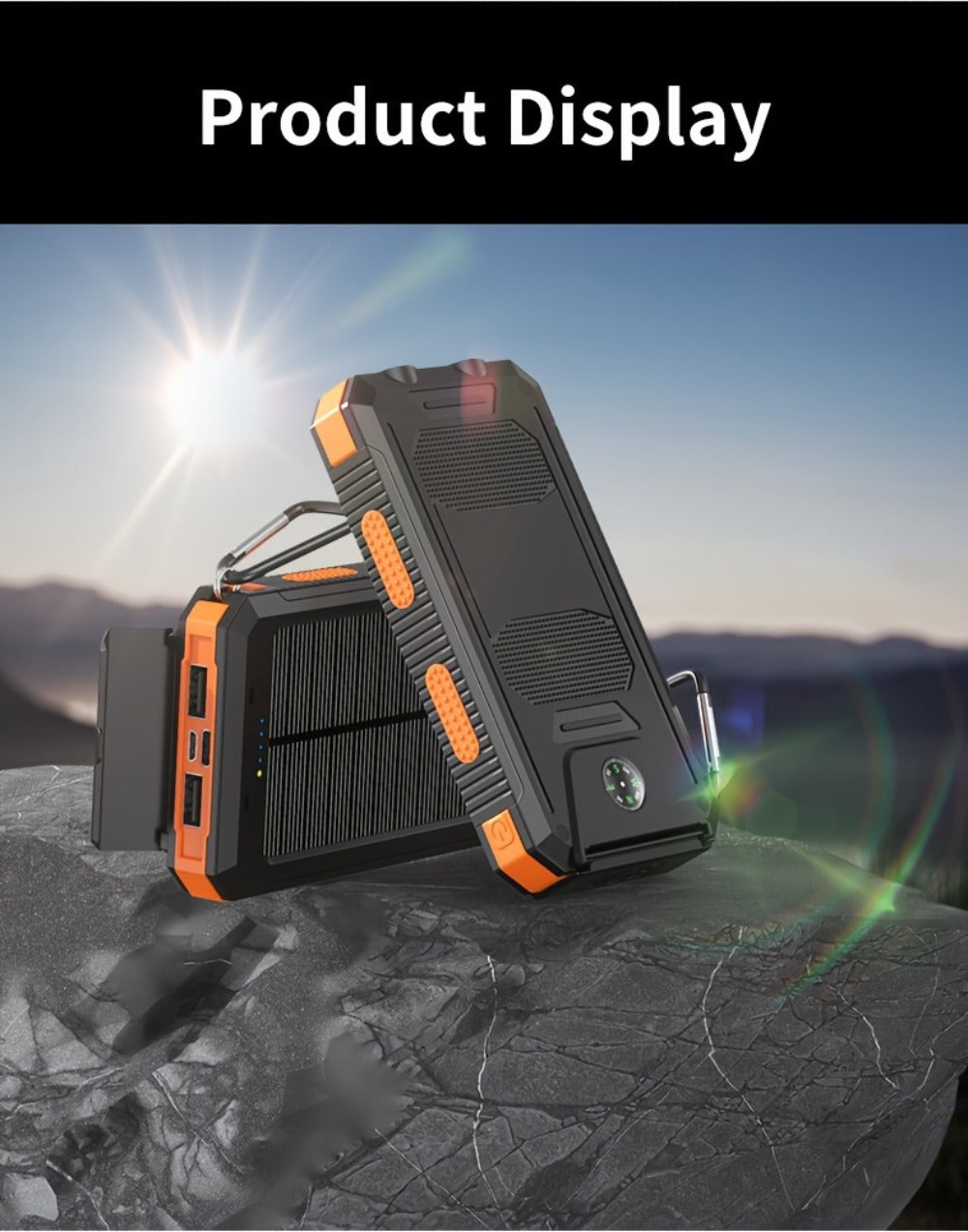 Power Bank Solar 20000mAh with Dual USB, LED Flashlight, Compass and Black or Orange Shell