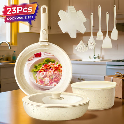 Cookware Set, 23- or 27-Piece Detachable-Handle Pots and Pans with Beige or Pink Finish, Induction, Oven and Dishwasher Use