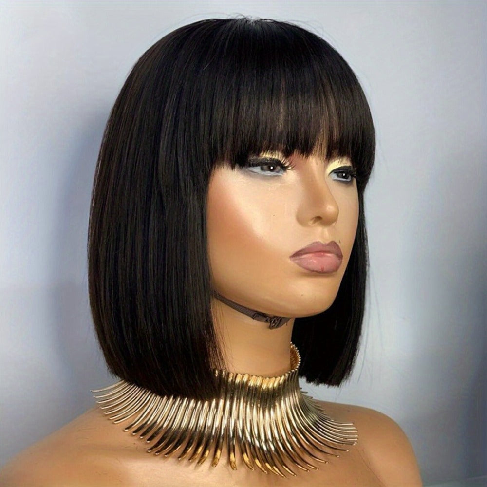 Brazilian Human Hair Bob Wig No Glue 200% Density Full Machine Made Straight with Bangs for Women | Natural Black 8 10 12 16 Inch | Glueless Beginner Friendly