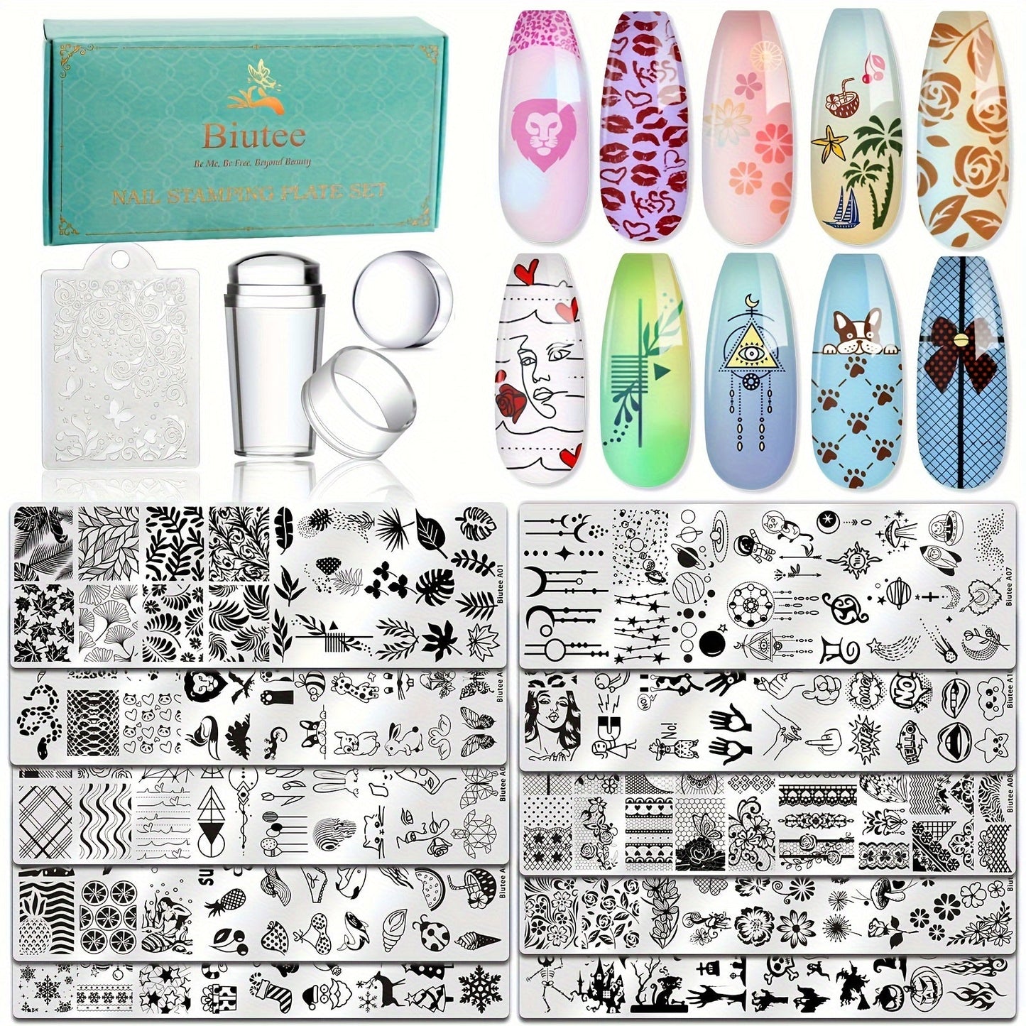 Nail Stamping Plate Kit with Stamper and Scraper in 14-, 15- or 26-Piece Protected Checkout Options