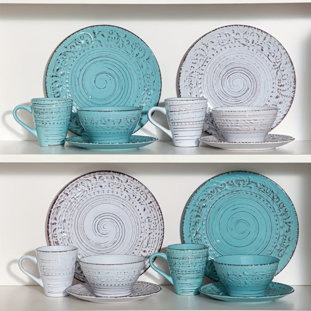 Sixteen-Piece Ceramic-Style Dinnerware Set for Four in White-Blue or Milky-White Coffee Colors
