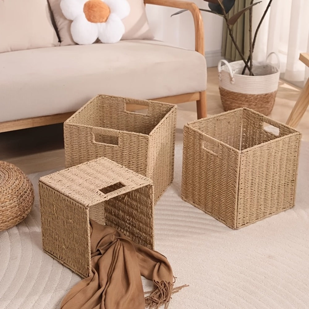 Square Woven Cube Storage Basket, 27cm on Each Side with Frame and Cutout Handles in One- or Four-Packs