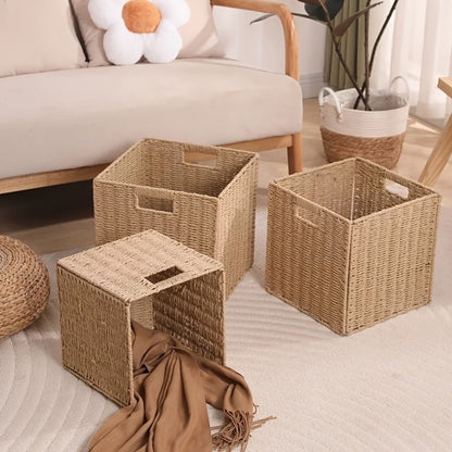 Square Woven Cube Storage Basket, 27cm on Each Side with Frame and Cutout Handles in One- or Four-Packs