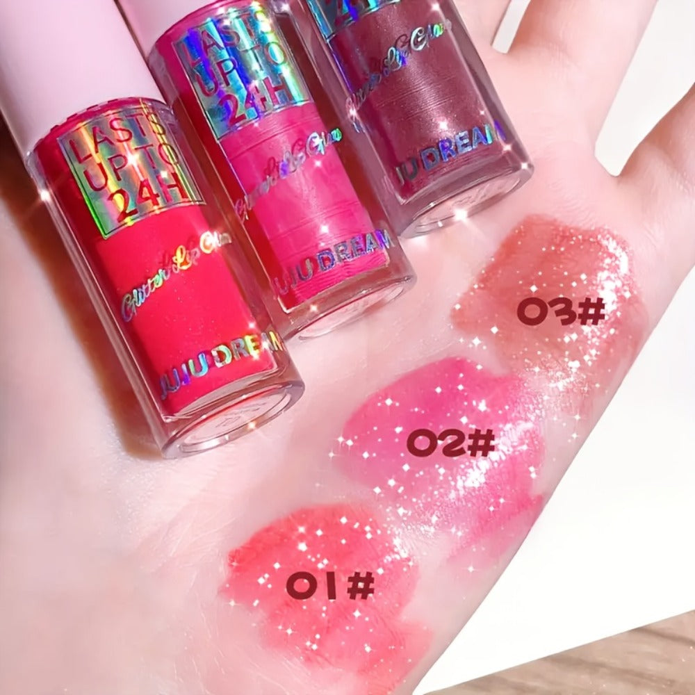 24H Waterproof Glitter Lip Gloss & Lip Stain Set 3PCS – Moisturizing Lip Oil Formula, Long-Lasting Smudge-Proof Glitter Shine in Berry Coral Pink Red Shades for Women All Skin Tones