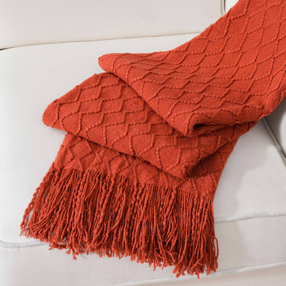 50 x 60-Inch Throw Blanket with Raised Geometric Texture, Tassel Fringe and Six Solid Color Options