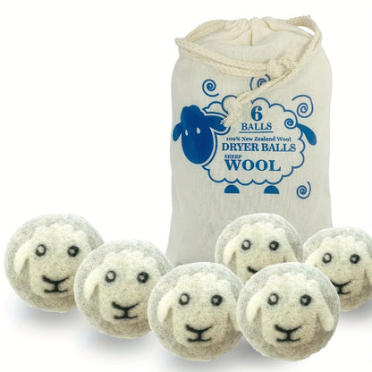 Six-Piece XL Wool Dryer Ball Set with Drawstring Storage Bag and 2.75-Inch White Felted Balls
