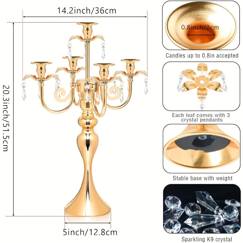 Candle Holder Set of 2 Golden Metal Five-Arm Candelabras, 20.3-Inch Tabletop Stands for Taper Candles
