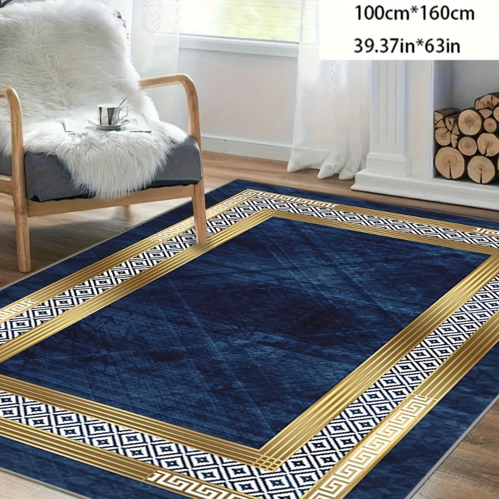 Navy Blue and Gold Geometric Area Rug with Four Exact Rectangular Size Options for Living Spaces