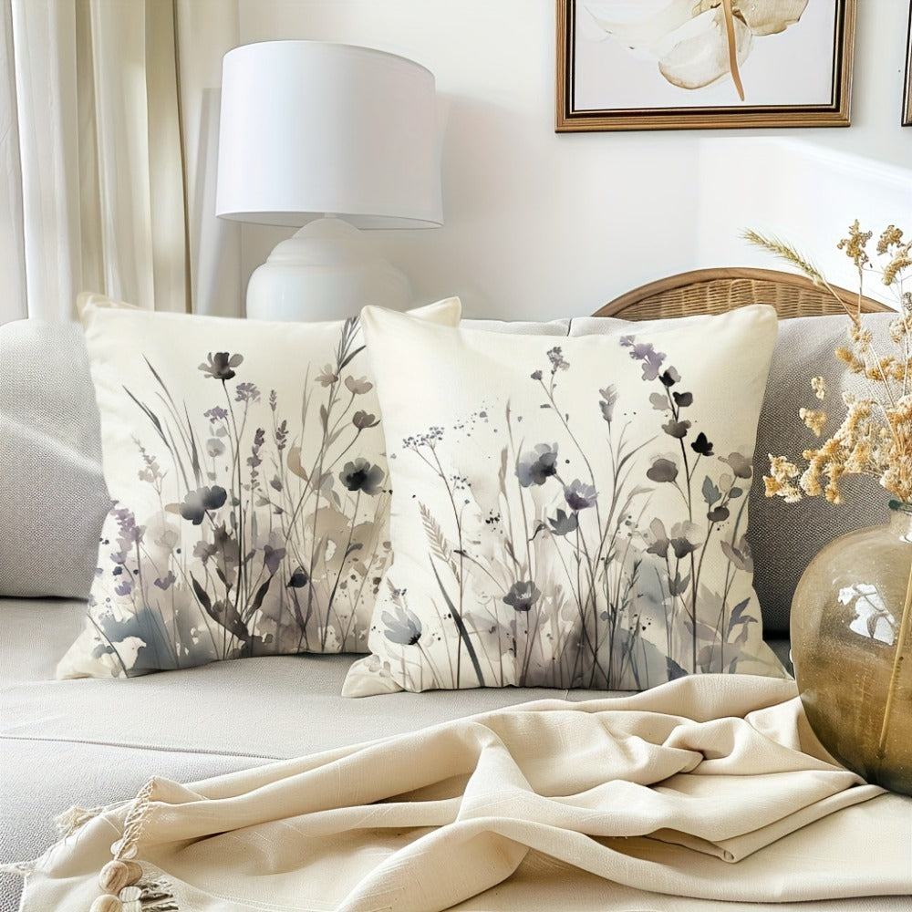 Four-Piece Watercolor Poppy Pillow Cover Set, 17.72 x 17.72 Inches with Neutral Botanical Prints