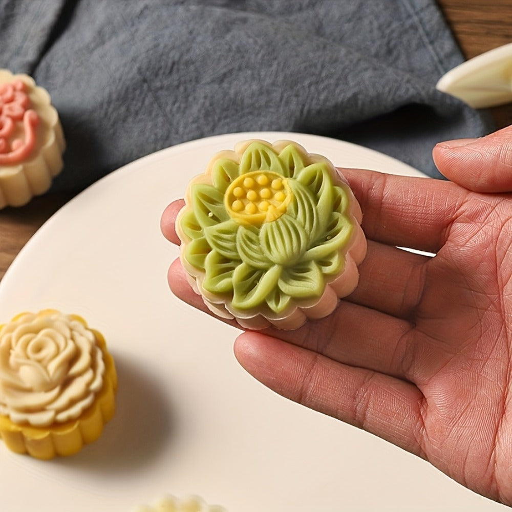 Seven-Piece 50 g Mooncake Press Set with Six Flower Pattern Stamps for Cookies and Pastry Baking