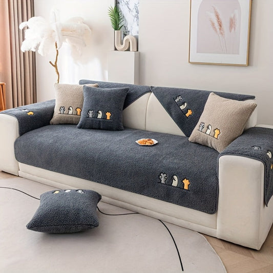 Sofa Cover Thick Plush Shearling Panels with Animal and Bone Embroidery and Non-Slip Feature for 2 to 4 Seats