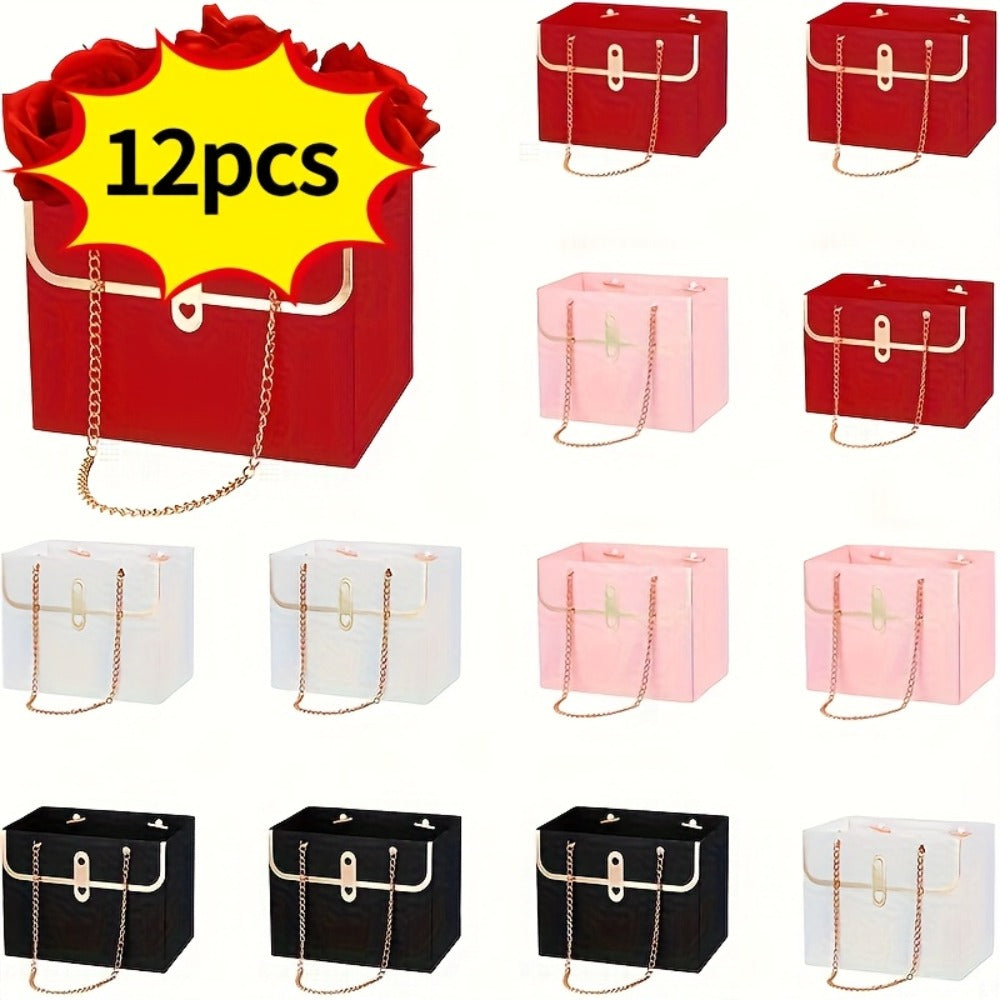 Paper Flower Bouquet Gift Bags with Metal Chain Handles in Black, Pink, White or Mixed Colors, 12–48 Pack Options