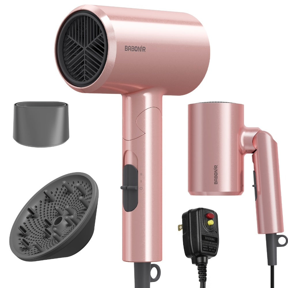 1875W Ionic Travel Hair Dryer Foldable with Diffuser & Concentrator Nozzle — Brushless Motor, 3 Heat Settings, 2 Speeds, Fast Drying Compact Blow Dryer for All Hair Types, Pink or Gray